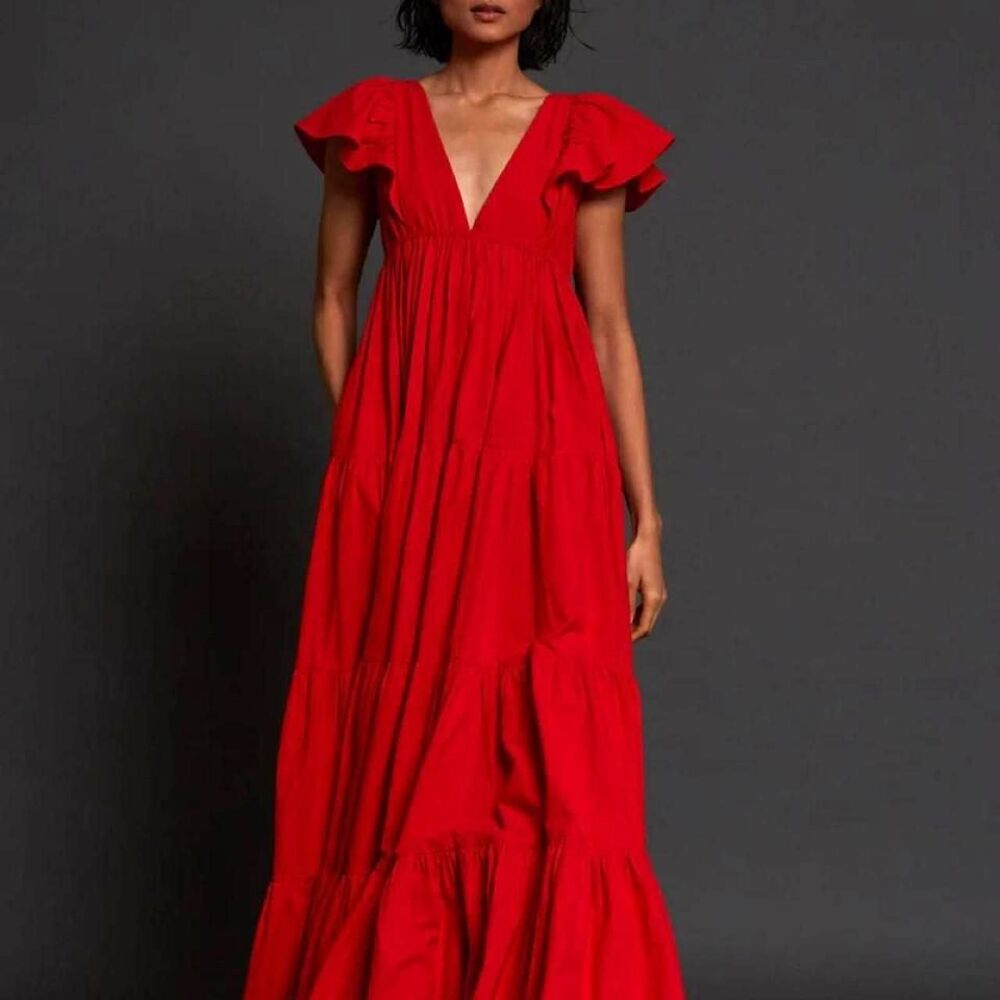 Vintage Red V Neck Midi Dress with Ruffle Sleeves | Size 6